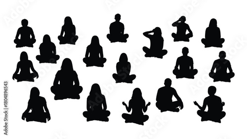 Silhouettes of people sitting and meditating isolated on white background, Vector