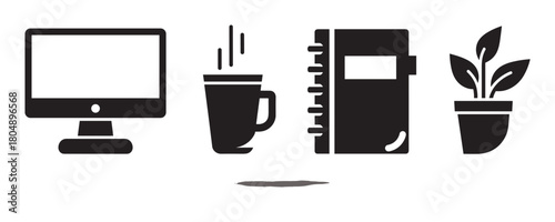 A collection of black silhouette icons representing a modern workspace, including a computer monitor, a steaming coffee cup, a notebook, and a potted plant
