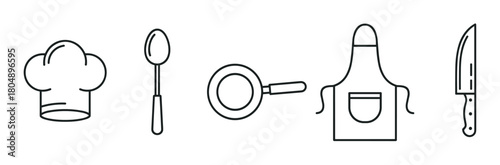 A collection of minimalist black line icons representing cooking and culinary professions, featuring a chef hat, spoon, frying pan, apron, and kitchen knife arranged in a horizontal row