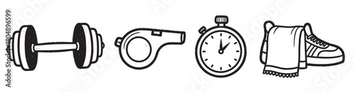 A collection of black and white fitness equipment icons, featuring a dumbbell, whistle, stopwatch, and sneaker with a towel, all rendered in a textured, hand-drawn sketch style