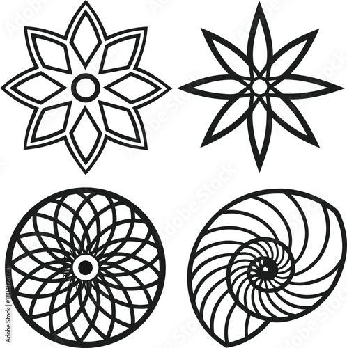 Collection of four black geometric ornamental patterns