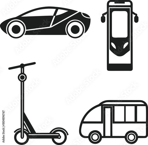 Collection of vehicle icons including car, bus, and scooter