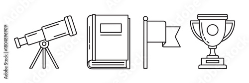 A collection of simple line art icons symbolizing discovery, knowledge, and achievement, including a telescope, a book, a pennant flag, and a winner's trophy cup