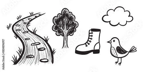 A charming collection of hand-drawn black and white illustrations featuring outdoor elements like a winding path, a leafy tree, a hiking boot, a bird, and a cloud in a sketchy style