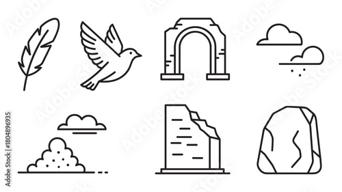 A diverse set of thin line icons showing a bird in flight, a single feather, a stone arch, clouds, a large rock, and architectural ruins in a clean, minimalist style