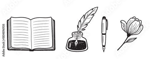 Set of vintage writing and literary elements in a black and white sketch style, featuring an open book, inkwell with a feather quill, a fountain pen, and a delicate flower