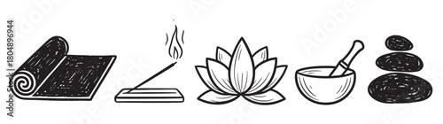 A hand-drawn collection of yoga and meditation symbols, including a rolled mat, burning incense, lotus flower, singing bowl, and stacked stones, in a textured black ink style