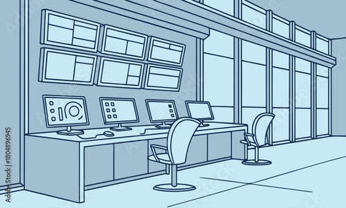 Control Room with Multiple Monitors and Chairs monitoring station