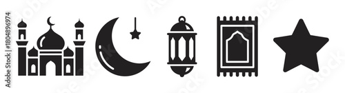 A set of black silhouette icons for Ramadan and Islamic holidays, including a mosque, crescent moon with a hanging star, a traditional lantern, a prayer rug, and a star