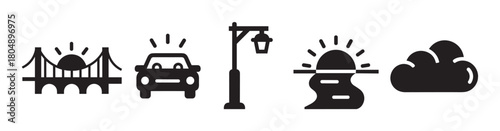 A set of black silhouette vector icons illustrating a bridge, a car with shining headlights, a street lamp, a river with a rising sun, and a cloud, presented in a clean, flat graphic style