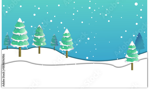 Beautiful Snowy Winter Landscape with Evergreen Trees and Falling Snowflakes Under a Teal Sky