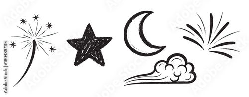 A vibrant collection of hand-drawn black ink brushstroke illustrations depicting a sparkling firework, a textured star, a crescent moon, a stylized cloud, and an abstract burst
