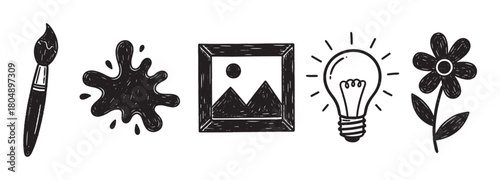 A set of creative icons in a hand-drawn sketch style, featuring a paintbrush, an ink splat, a framed picture, a shining light bulb, and a simple flower illustration