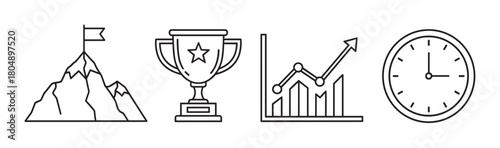 A set of four business concept icons in a minimal line art style, featuring a mountain peak with a flag, a winner's trophy, a growth chart, and a clock for success and achievement
