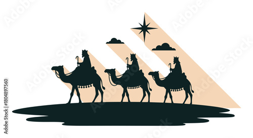 Three wise men wearing crowns and holding staffs ride camels in silhouette, following a bright guiding star and clouds in a minimalist flat illustration
