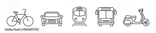 A collection of minimalist line art icons representing various modes of urban transportation, including a bicycle, car, train, bus, and scooter, in a clean graphic style