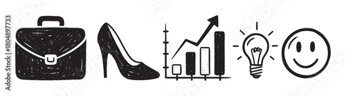 A collection of hand-drawn business icons in a sketchy doodle style, featuring a briefcase, high heel, growth chart, lightbulb, and smiley face for career concepts