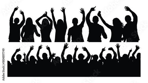 Excited crowd silhouettes isolated on white background, Vector