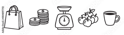 A collection of hand-drawn black and white icons representing shopping, money, weighing scales, apples, and a coffee mug, illustrating concepts of commerce and daily life