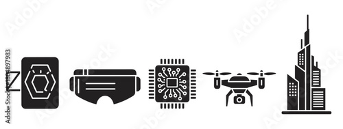 A set of black glyph icons representing modern technology concepts like virtual reality, microchips, drones, and smart city architecture in a minimalist graphic style