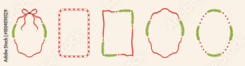 Hand-drawn Christmas frame set with pine branches, ribbons, and bows. Festive doodle borders perfect for New Year cards,invitations,posters, and holiday decorations in a vintage, playful vector style.