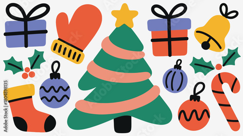 Colorful Christmas Holiday Doodle Illustration with Tree Gifts and Ornaments