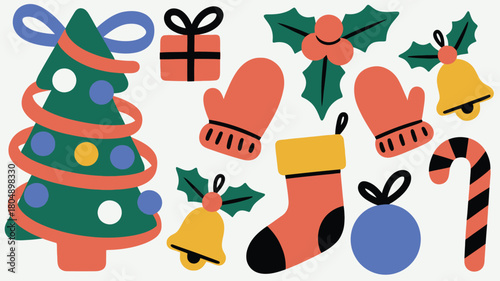 Festive Christmas Icons Tree Gifts Mittens Holly Bells Stocking Ornament and Candy Cane