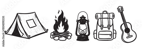 A vintage-style doodle set of camping equipment with a tent, campfire, oil lamp, backpack, and guitar, drawn in a simple black ink linocut or woodcut illustration style
