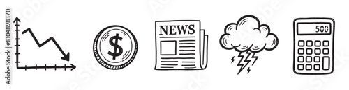 Collection of black and white sketch illustrations symbolizing economic recession with a downward chart, money symbol, bad news, financial storm, and calculator
