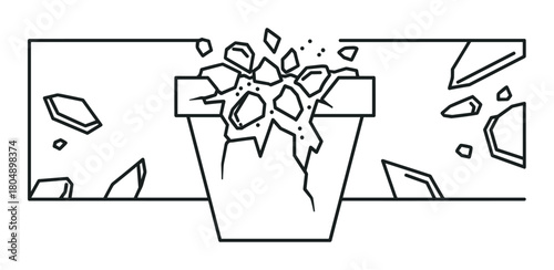 A minimalist line art illustration showing a solid surface cracking and breaking apart from a central impact, with debris and fragments exploding outwards from the resulting hole