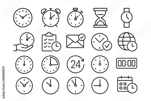 Time icon set. Time vector set. Collection of clocks, timers, alarm clocks, watches and hourglass symbols. Design for app, card, banner, interface, web.