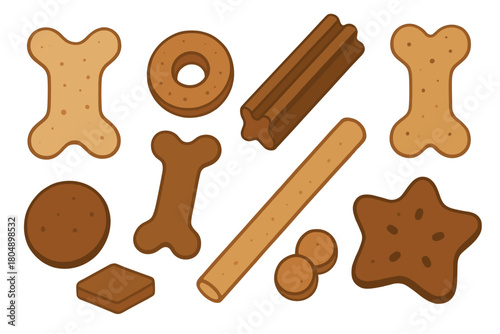 Dog treat icon set. Dog treat vector set. Various brown crunchy dog treats in different shapes. Design for sticker, card, poster, banner, invitation.