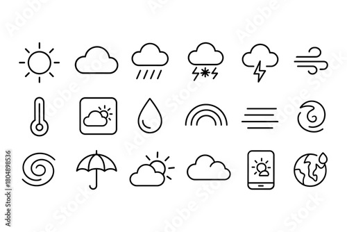 Weather icon set. Weather vector set. Forecast and climate icons with sun, cloud, storm, rainbow and thermometer. Design for app, banner, card, interface, web.
