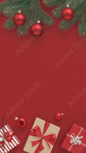 Christmasthemed stock photo featuring red gifts, pine branches, and ornaments. Perfect for holiday marketing material, greeting cards, and festive designs.