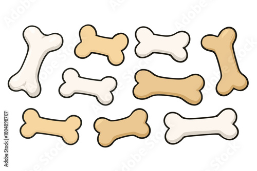Dog bone icon set. Dog bone vector set. Bone-shaped dog treats in beige and brown shades. Design for card, sticker, invitation, banner, poster.