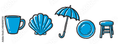 A collection of blue illustrated objects including a mug, seashell, umbrella, plate, and stool in a hand-drawn doodle style with bold black outlines