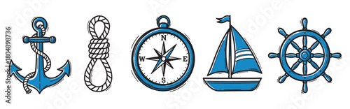 A collection of hand-drawn nautical icons including an anchor, rope, compass, sailboat, and ship's wheel in a blue and black vintage sketch style