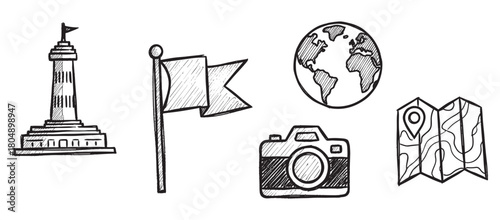 Set of sketchy travel and tourism symbols featuring a globe, landmark tower, location map, camera, and flag, illustrated with a hand-drawn ink line art technique