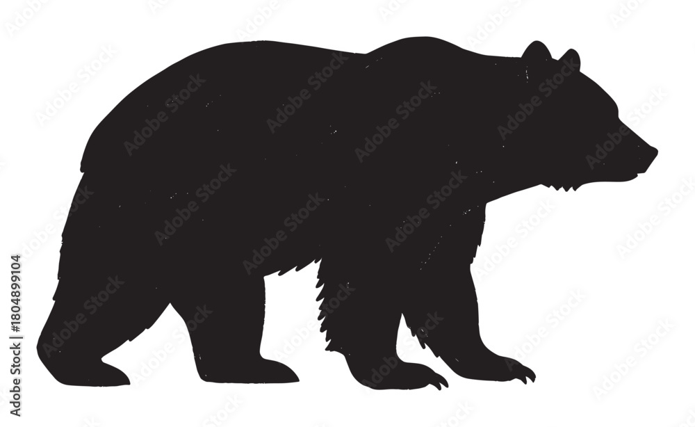 Fototapeta premium Monochromatic graphic illustration of a powerful wild bear in a full-body silhouette, standing in profile with a rustic, distressed grunge stamp texture