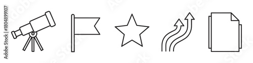 A minimalist set of black line art icons representing business concepts like vision with a telescope, goals with a flag, achievement with a star, growth with arrows, and documentation