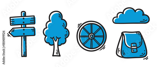 A charming set of hand-drawn blue travel and nature icons including a signpost, tree, wagon wheel, cloud, and backpack, illustrated in a simple doodle style with bold black outlines
