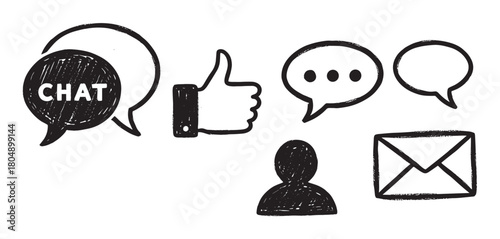 A set of hand-drawn social media and communication icons, including speech bubbles, a thumbs-up gesture, a user avatar, and an email symbol, all created in a rough, sketchy style