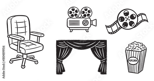 A collection of hand-drawn cinema and movie-themed icons, including a director's chair, vintage camera, film reel, stage curtain, and popcorn, in a sketchy black and white style