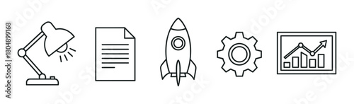 A collection of minimalist black line art icons representing business startup concepts like ideas, planning, launch, development, and growth analysis