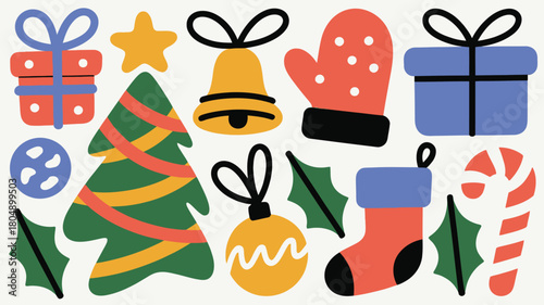 Festive Christmas Icons Gifts Tree Bell Mitten Stocking Ornament Candy Cane and Holly