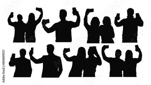People taking selfies silhouettes isolated on white background, Vector