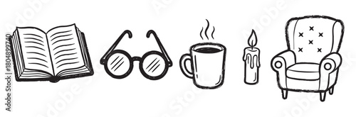 A charming set of hand-drawn doodle icons representing a cozy evening at home with a book, glasses, a hot drink, a candle, and an armchair, in a simple black sketch style
