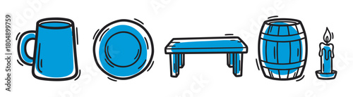 A collection of rustic pub objects including a beer stein, dish, table, cask, and burning candle, presented as a simple graphic icon set with a two-color design