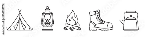 A minimalist black outline icon set features five essential camping and outdoor adventure items: a tent, classic lantern, cozy campfire, sturdy hiking boot, and a traditional kettle