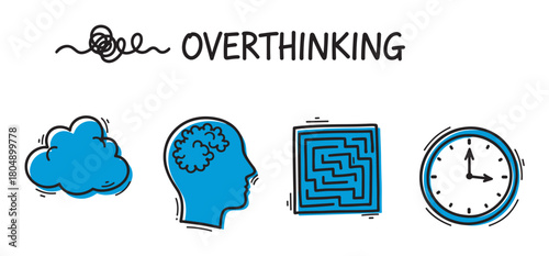 Overthinking concept illustrated with a tangled line, a blue cloud, a human head with a brain, a square maze, and a clock in a playful hand-drawn doodle style
